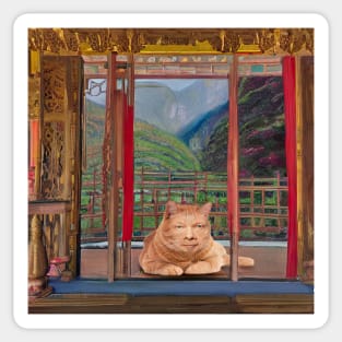 Eckhart Tolle Zen Master Cat On a Temple Terrace Overlooking Mountains Sticker